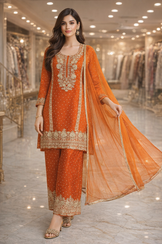 Burnt Orange Chinon Embroidered Straight Suit Set with Dupatta