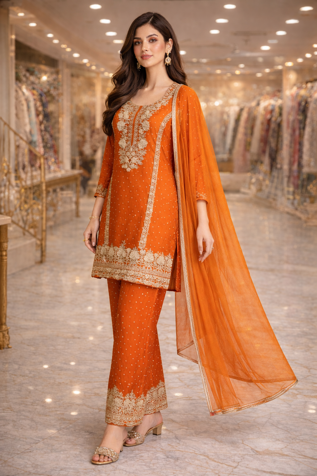 Burnt Orange Chinon Embroidered Straight Suit Set with Dupatta