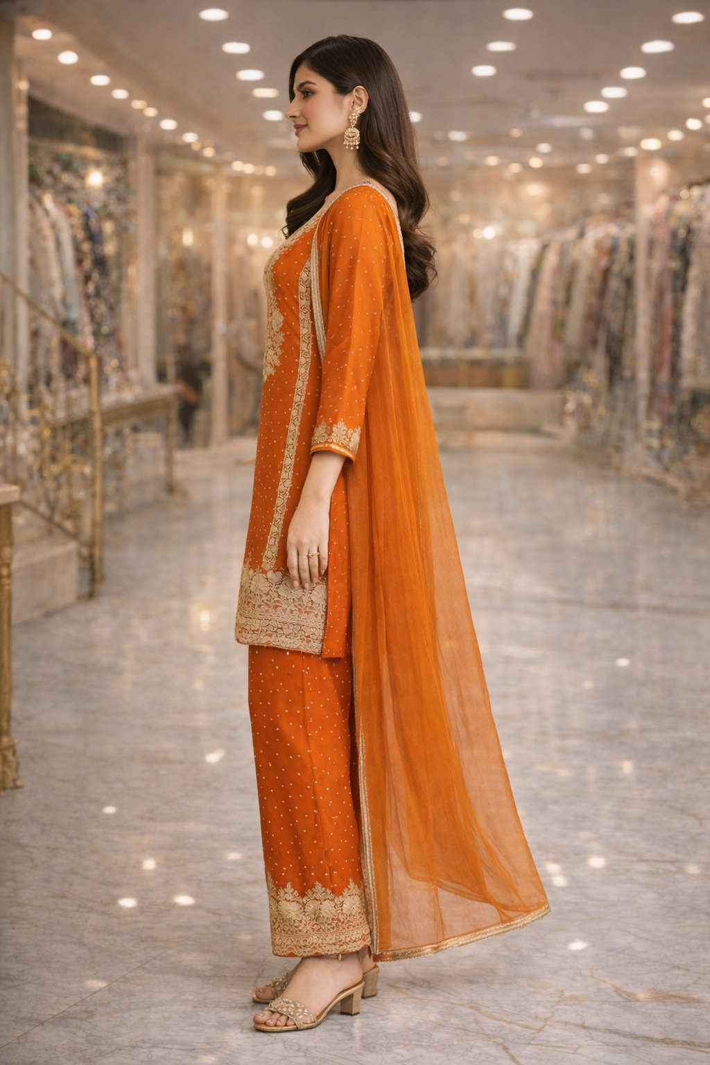 Burnt Orange Chinon Embroidered Straight Suit Set with Dupatta
