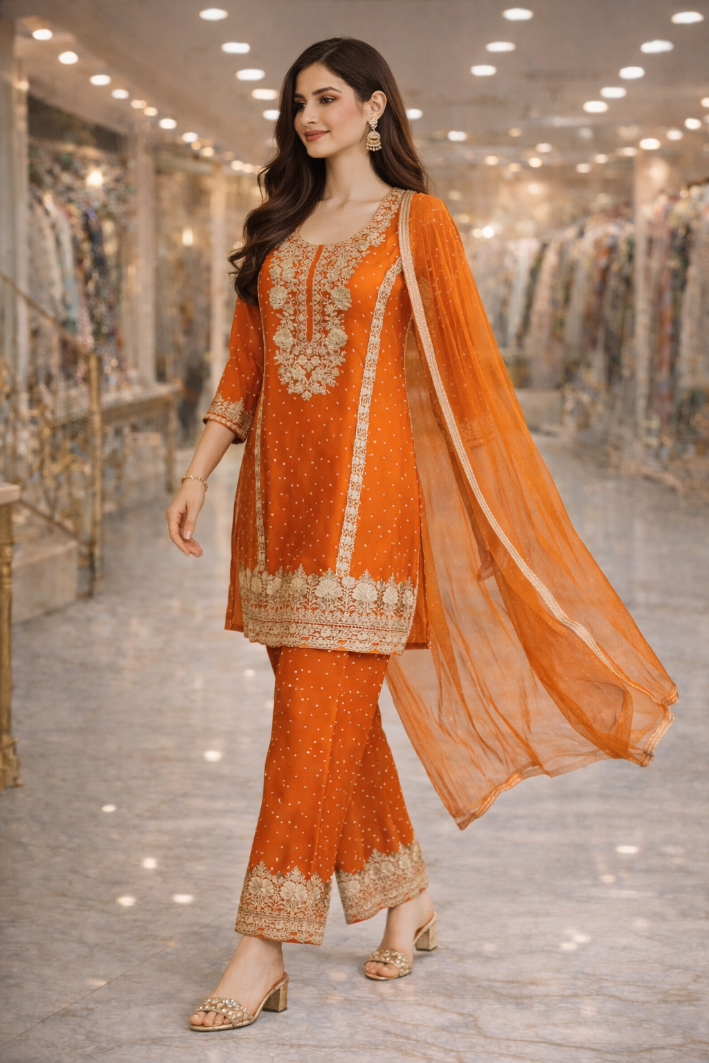 Burnt Orange Chinon Embroidered Straight Suit Set with Dupatta
