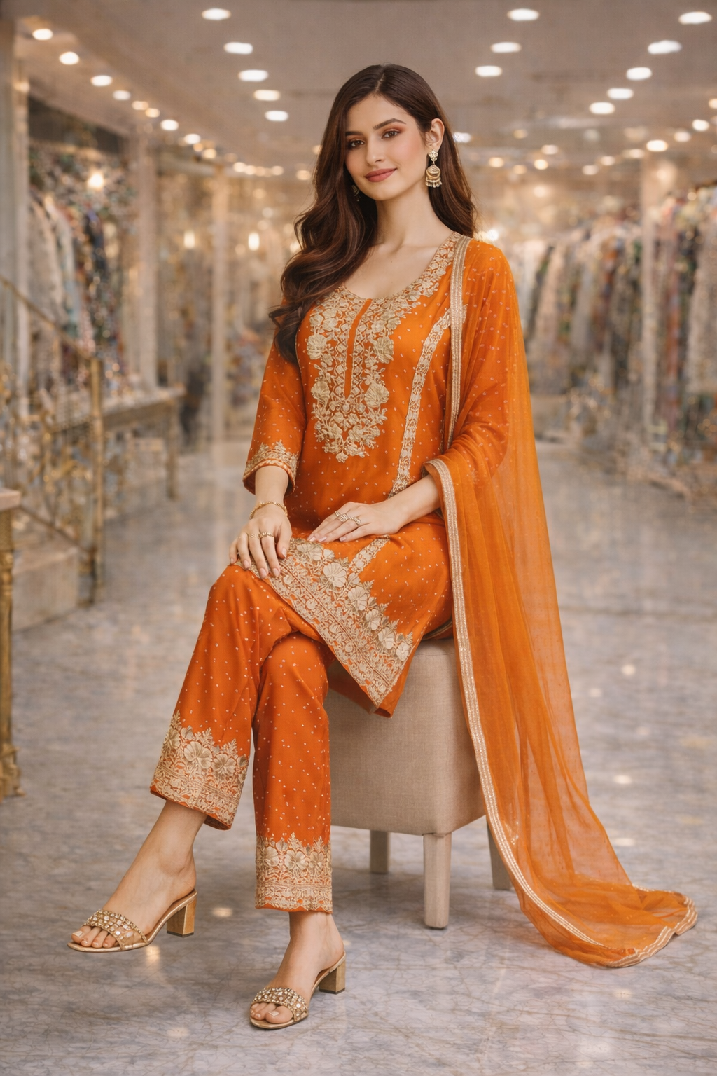Burnt Orange Chinon Embroidered Straight Suit Set with Dupatta