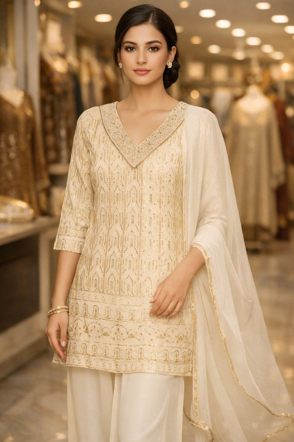 Ivory Georgette Munakka Embroidered Straight Suit Set with Dupatta