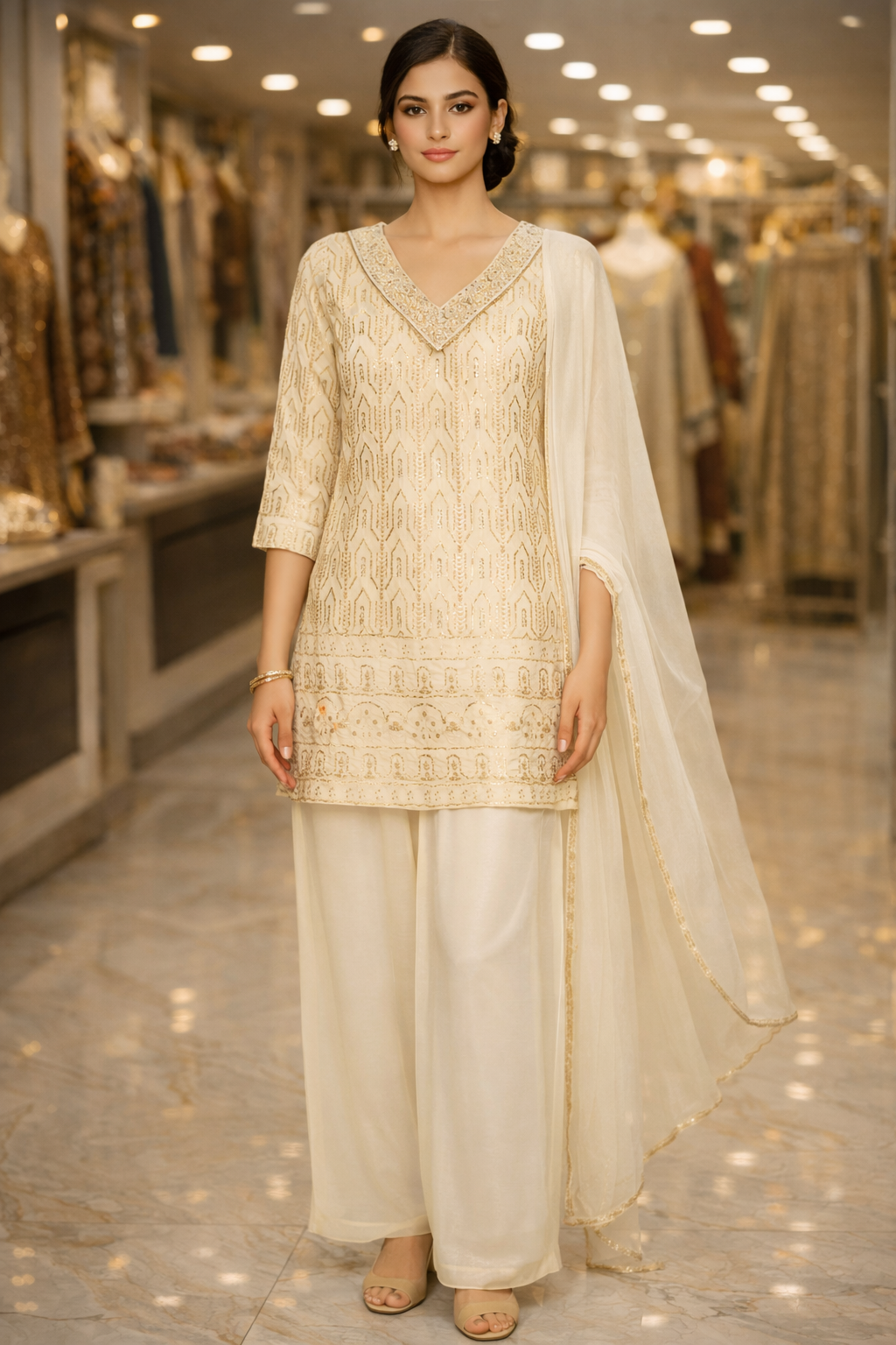 Ivory Georgette Munakka Embroidered Straight Suit Set with Dupatta