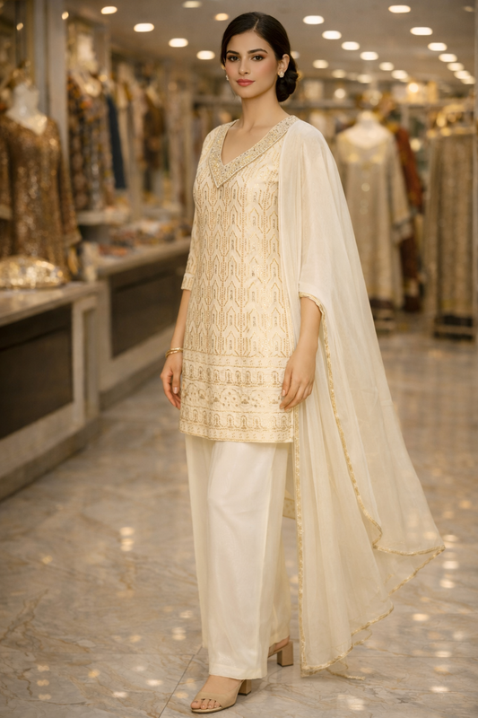 Ivory Georgette Munakka Embroidered Straight Suit Set with Dupatta