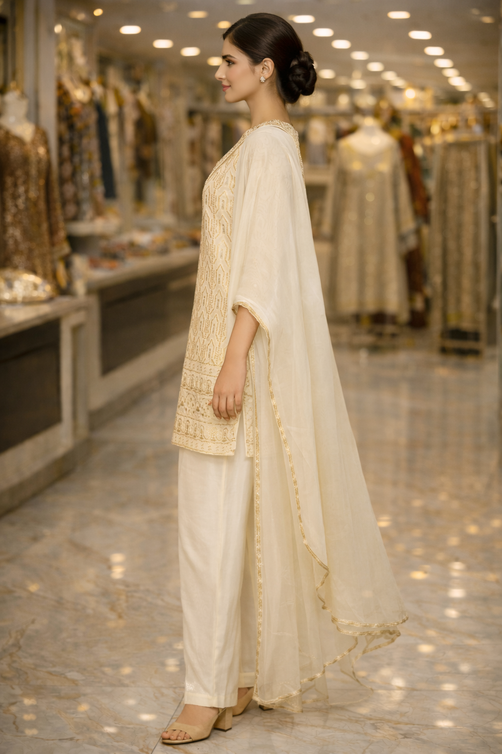 Ivory Georgette Munakka Embroidered Straight Suit Set with Dupatta