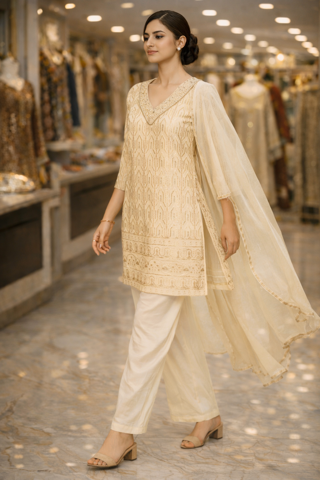 Ivory Georgette Munakka Embroidered Straight Suit Set with Dupatta