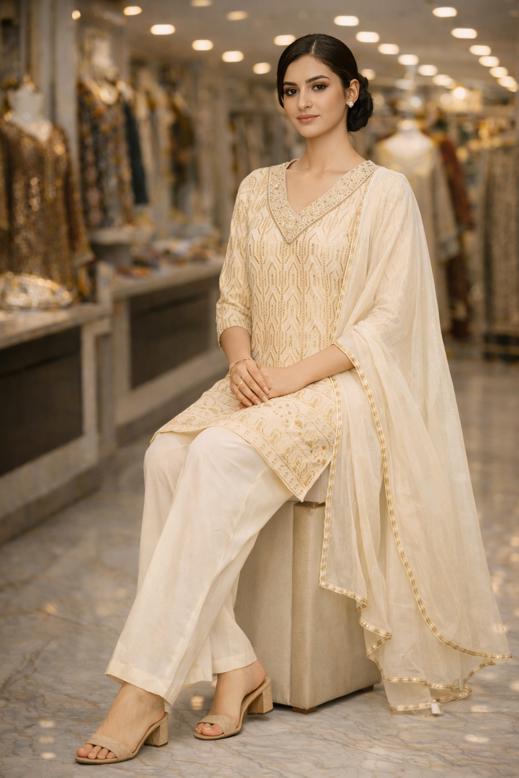 Ivory Georgette Munakka Embroidered Straight Suit Set with Dupatta