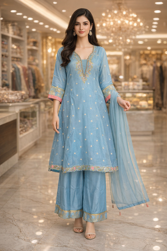 Powder Blue Russian Tejas Embroidered Kurta Palazzo Set with Dupatta
