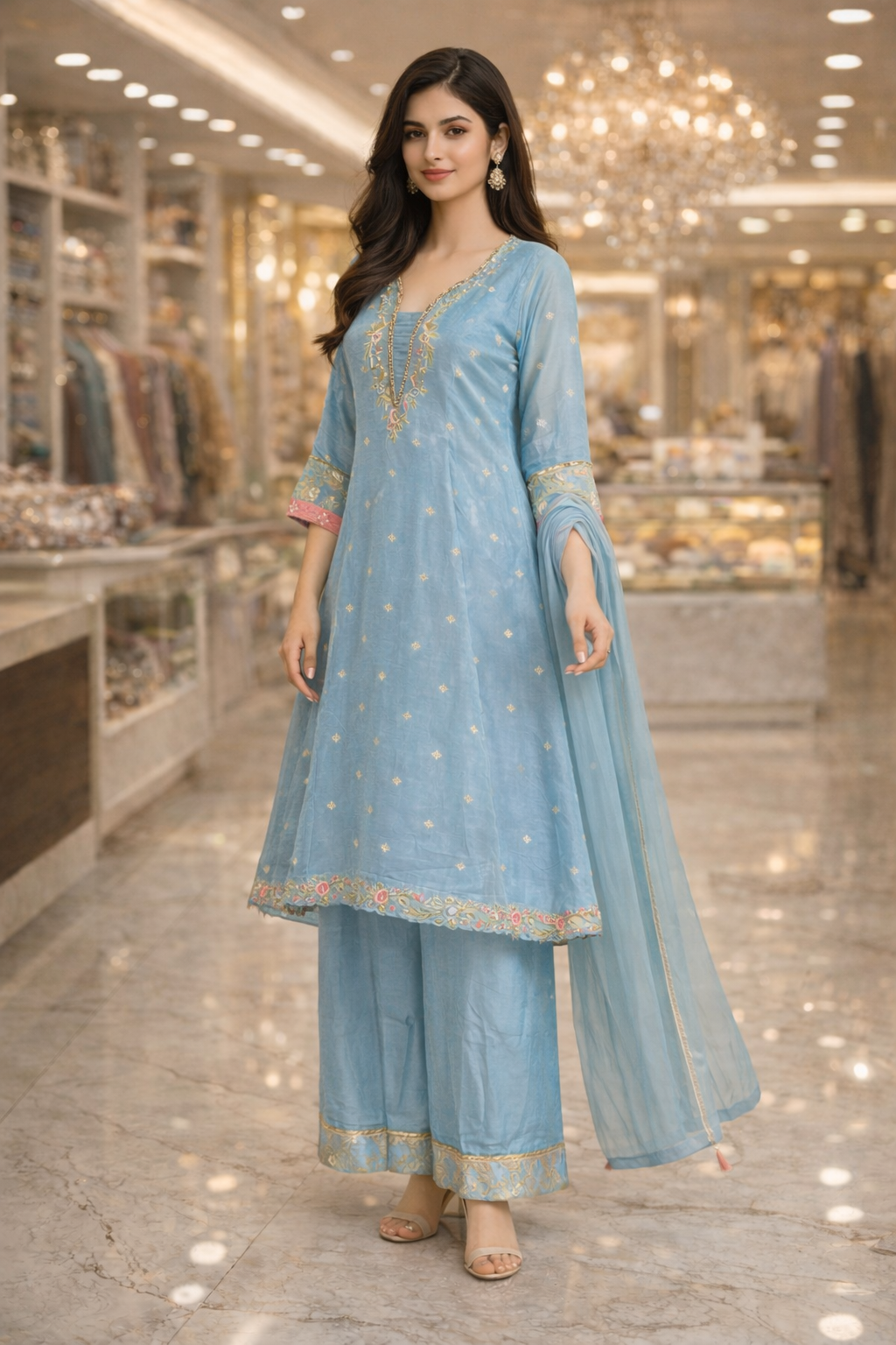 Powder Blue Russian Tejas Embroidered Kurta Palazzo Set with Dupatta