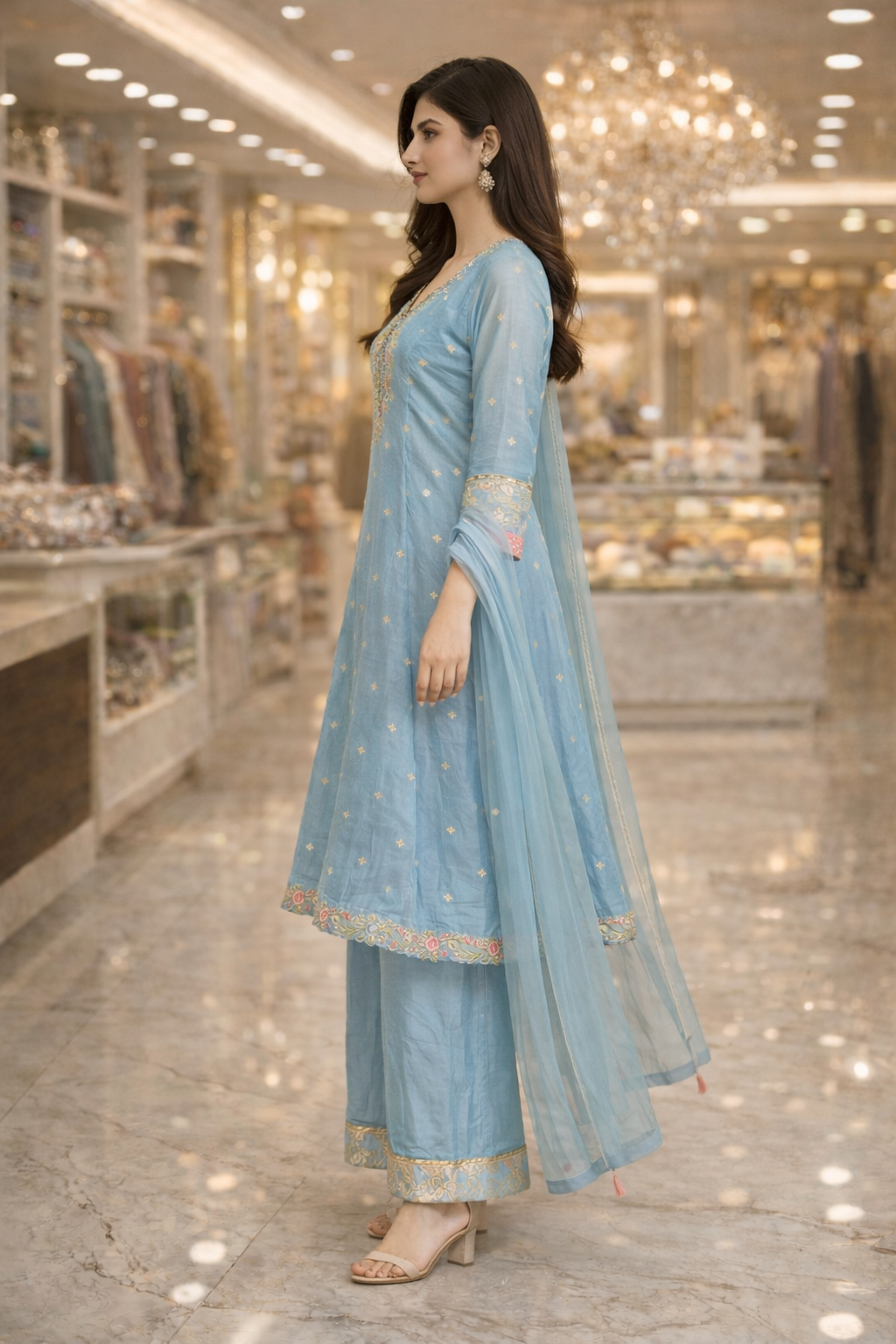 Powder Blue Russian Tejas Embroidered Kurta Palazzo Set with Dupatta