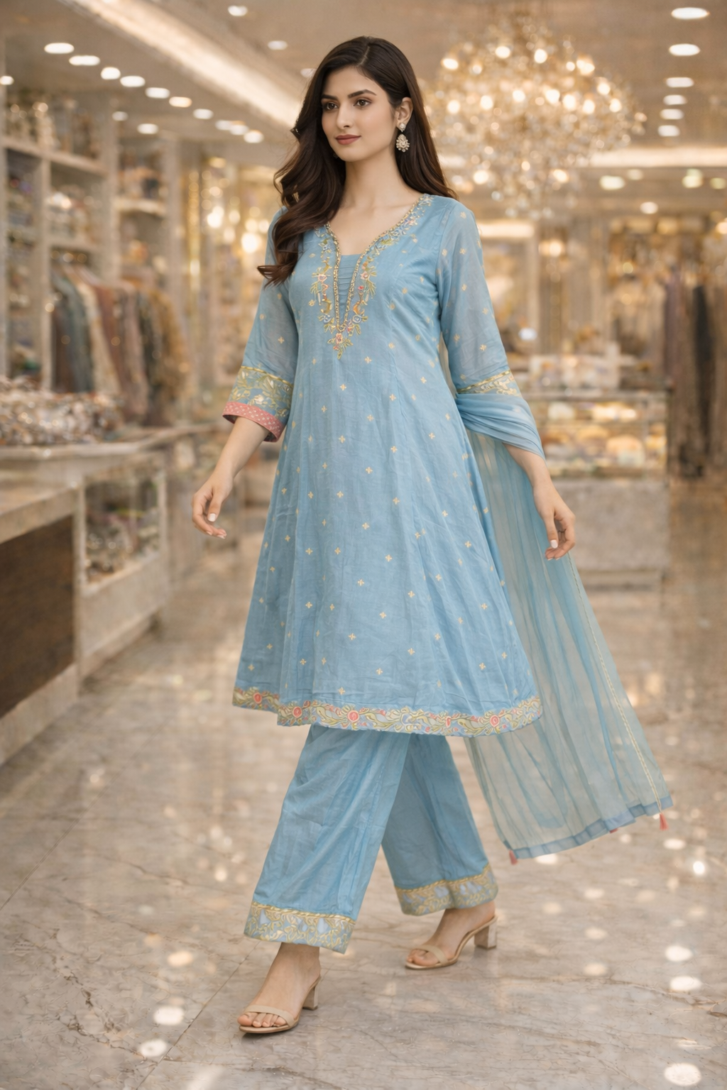 Powder Blue Russian Tejas Embroidered Kurta Palazzo Set with Dupatta