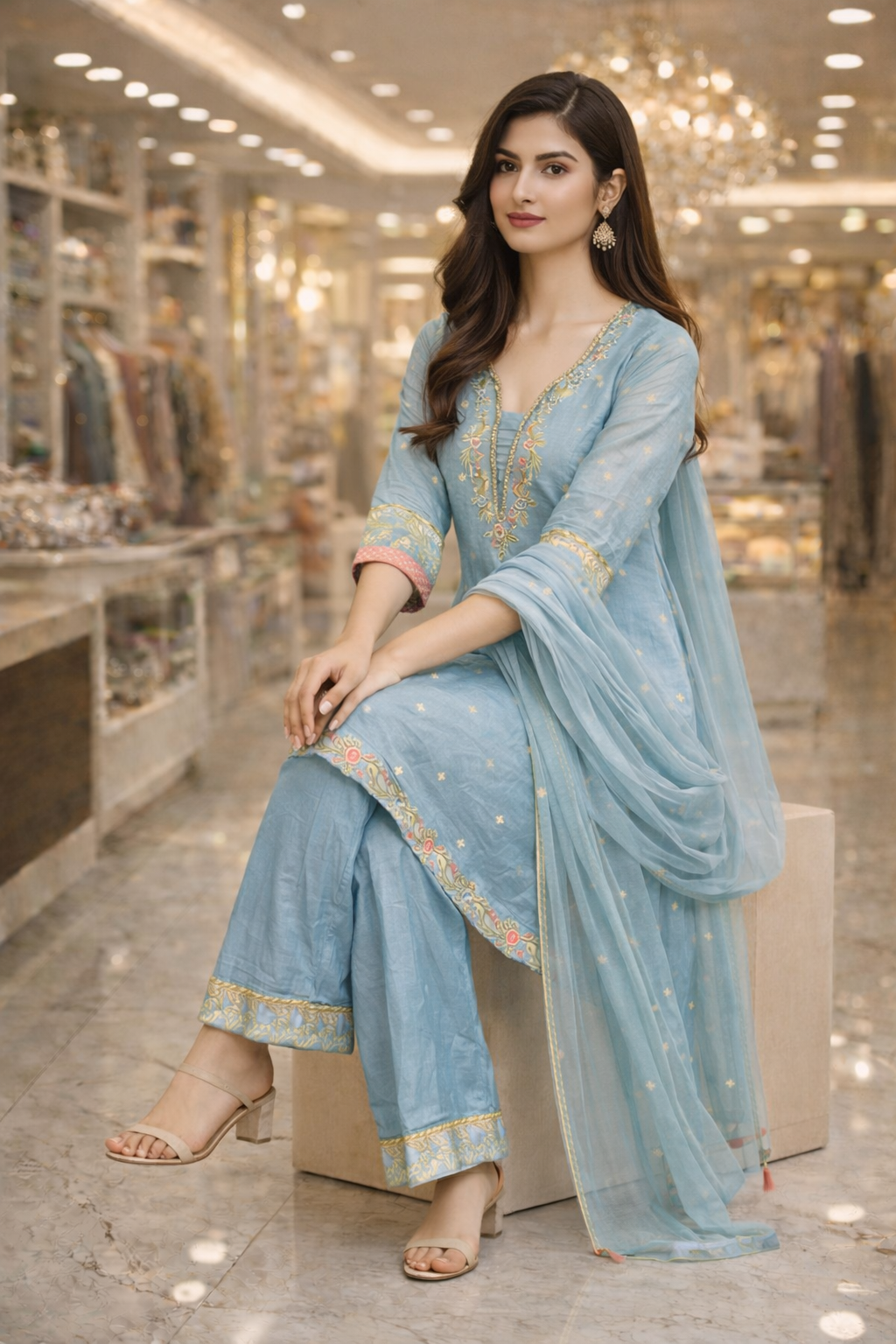Powder Blue Russian Tejas Embroidered Kurta Palazzo Set with Dupatta