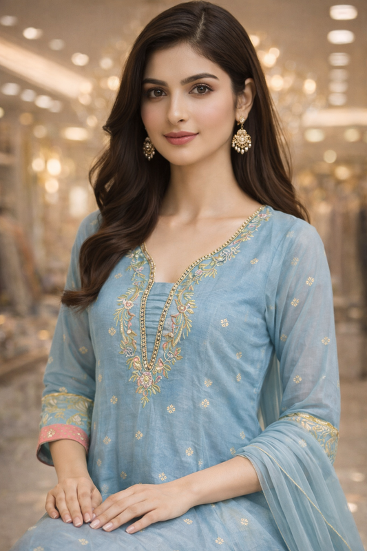 Powder Blue Russian Tejas Embroidered Kurta Palazzo Set with Dupatta