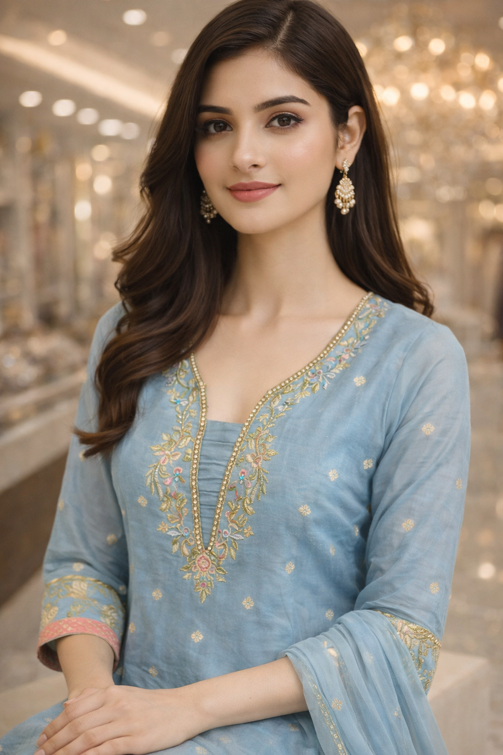 Powder Blue Russian Tejas Embroidered Kurta Palazzo Set with Dupatta
