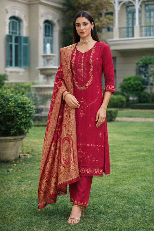Wine Red Embroidered Viscose Kurti Set with Dupatta
