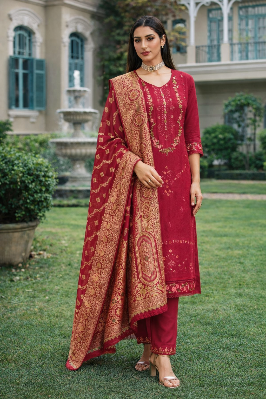 Wine Red Embroidered Viscose Kurti Set with Dupatta