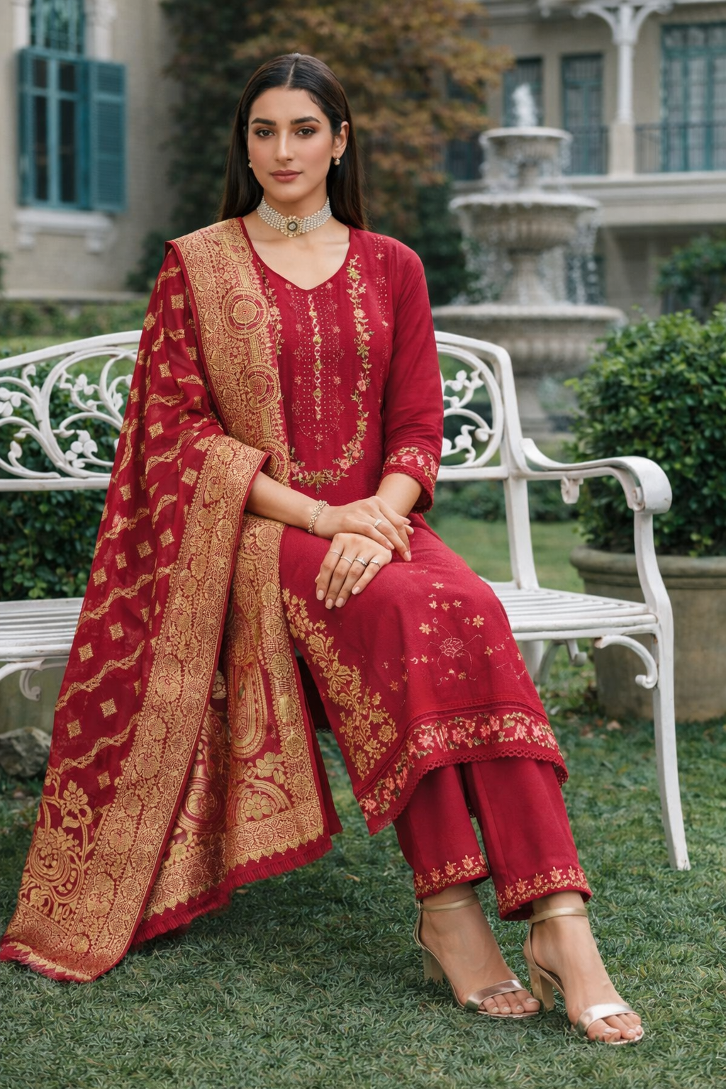 Wine Red Embroidered Viscose Kurti Set with Dupatta
