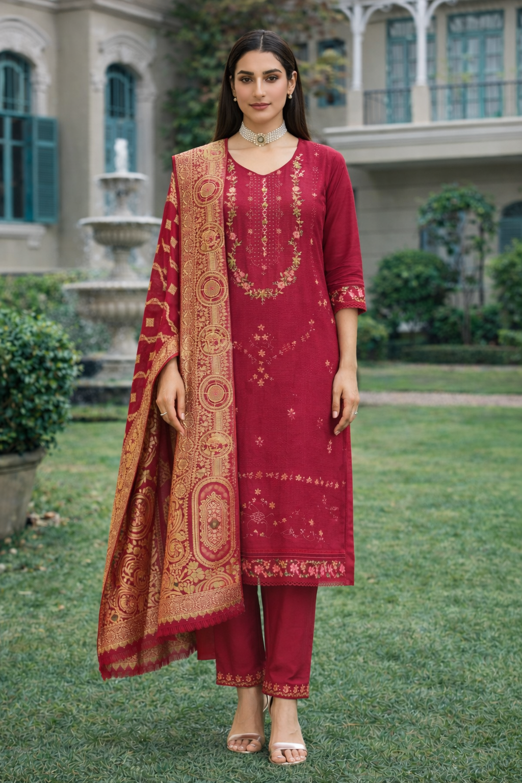 Wine Red Embroidered Viscose Kurti Set with Dupatta