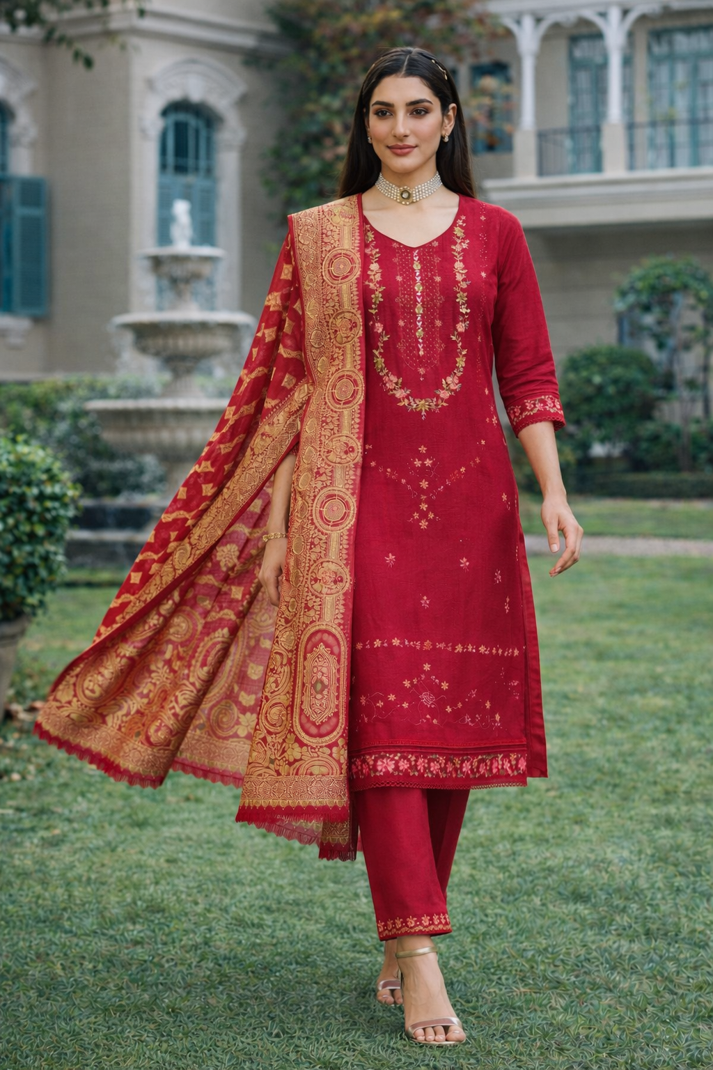 Wine Red Embroidered Viscose Kurti Set with Dupatta