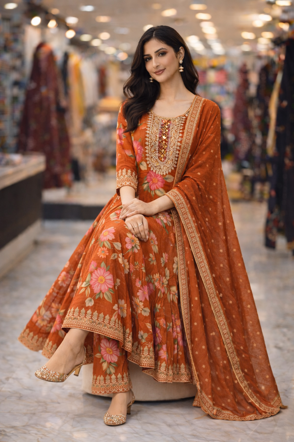 Rust Orange Chinon Floral Embroidered Straight Suit Set with Dupatta