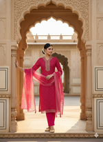 Load image into Gallery viewer, Red Berlin Foil suit with detailed embroidery and a Soft Organza Dupatta.
