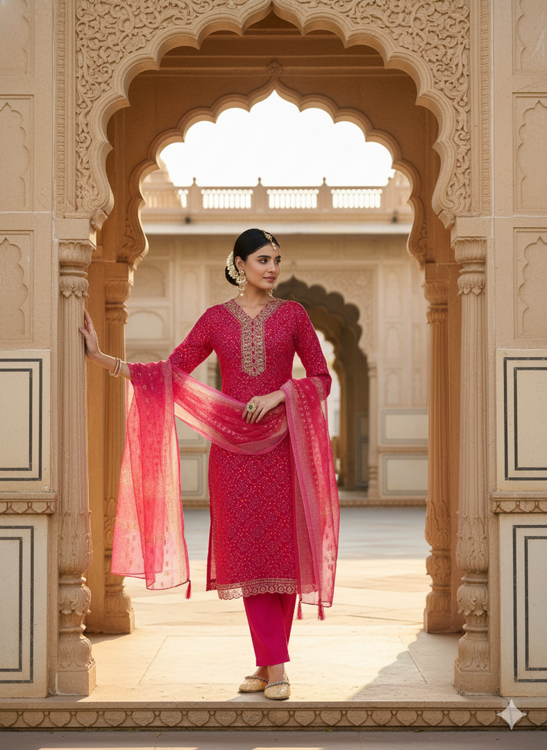 Red Berlin Foil suit with detailed embroidery and a Soft Organza Dupatta.