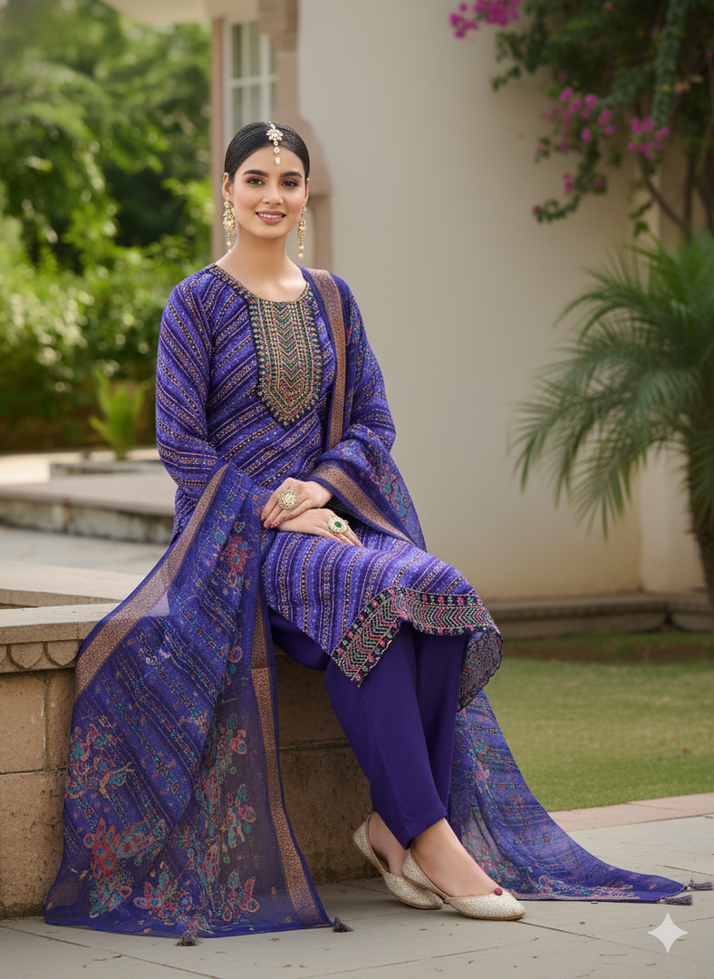Royal Blue Outfit with Intricate Foil Prints and Embroidery