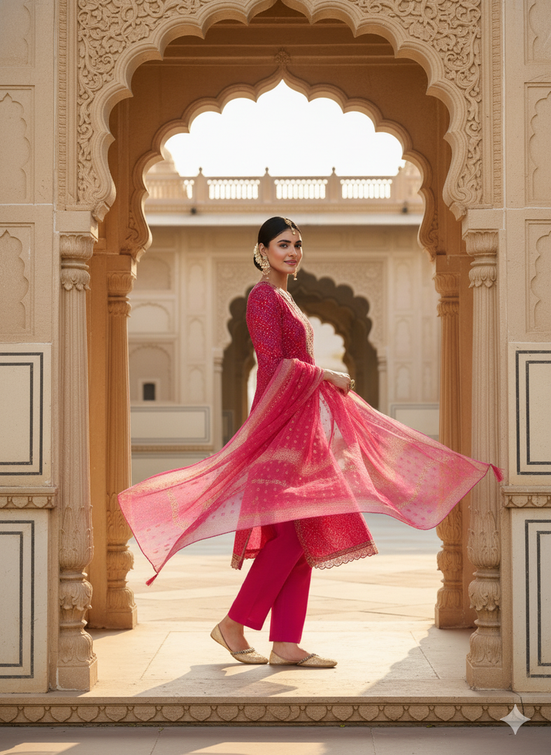 Red Berlin Foil suit with detailed embroidery and a Soft Organza Dupatta.