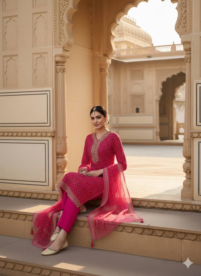 Woman in a pink traditional outfit sitting in an ornate architectural setting