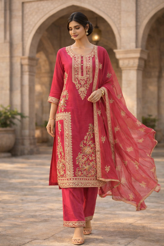 Luxury Ruby Red Embroidered 3-Piece Ethnic Suit Set for Festive & Wedding Wear