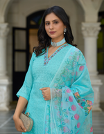 Load image into Gallery viewer, Sky Blue Bored Schiffli Work And Handwork with floral-printed dupatta
