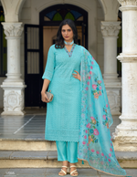 Load image into Gallery viewer, Sky Blue Bored Schiffli Work And Handwork with floral-printed dupatta
