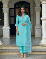 Load image into Gallery viewer, Sky Blue Bored Schiffli Work And Handwork with floral-printed dupatta
