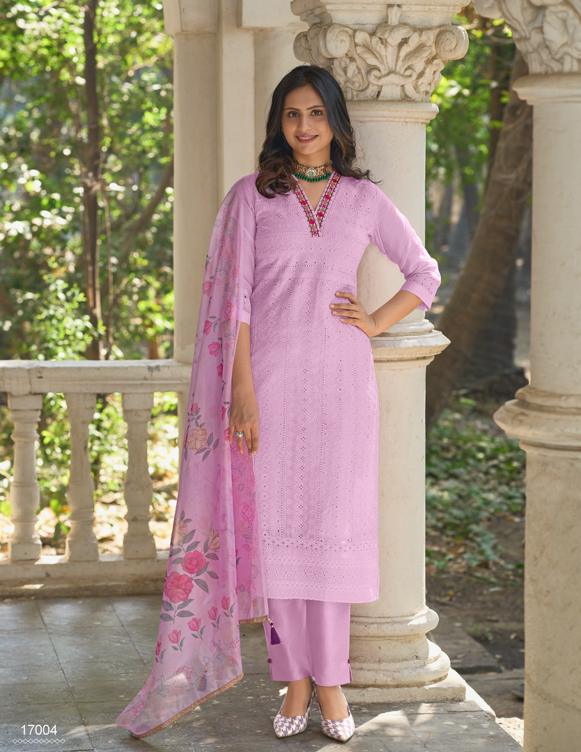 Lavender Bored Schiffli Work And Handwork with floral-printed dupatta