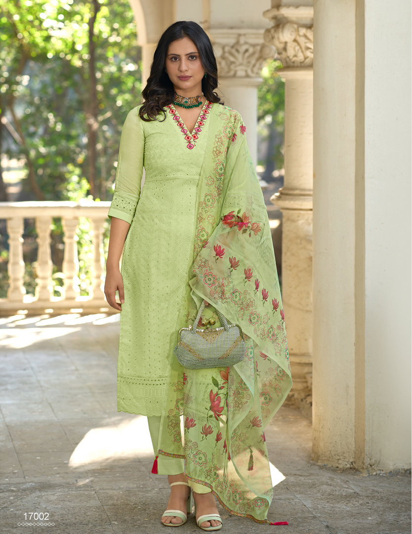 Light Green Bored Schiffli Work And Handwork with floral-printed dupatta