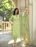 Load image into Gallery viewer, Light Green Bored Schiffli Work And Handwork with floral-printed dupatta
