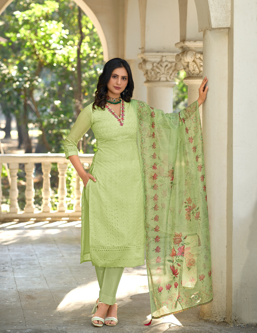 Light Green Bored Schiffli Work And Handwork with floral-printed dupatta