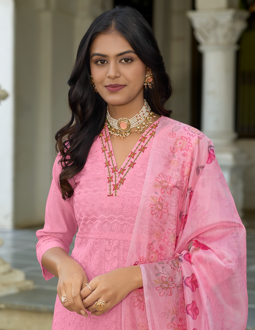 Soft Pink Bored Schiffli Work And Handwork with floral-printed dupatta