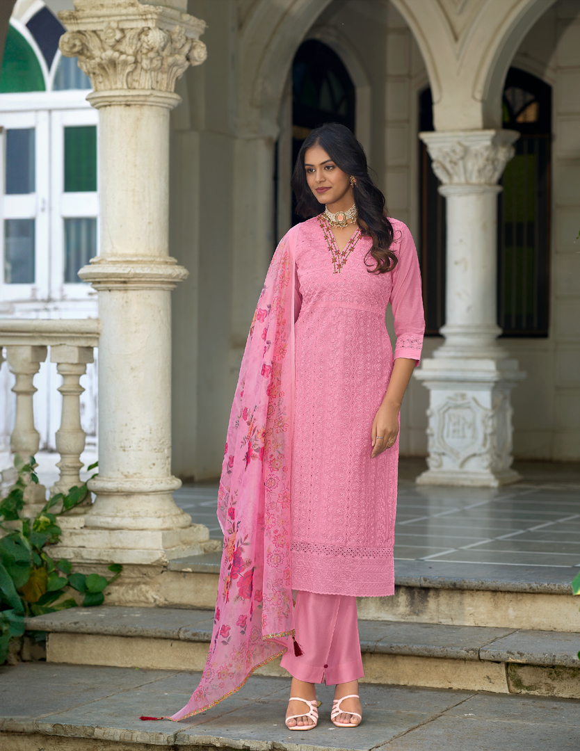 Soft Pink Bored Schiffli Work And Handwork with floral-printed dupatta