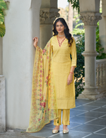 Load image into Gallery viewer, Mustard Yellow Bored Schiffli Work And Handwork with floral-printed dupatta
