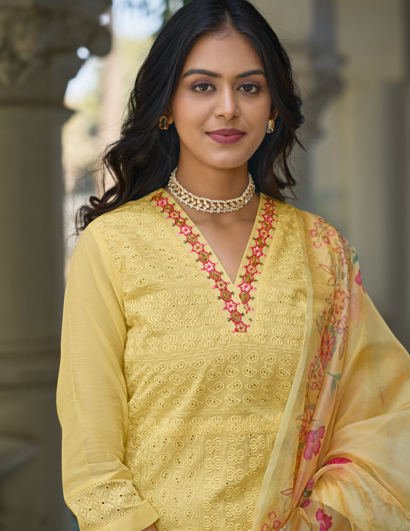 Mustard Yellow Bored Schiffli Work And Handwork with floral-printed dupatta