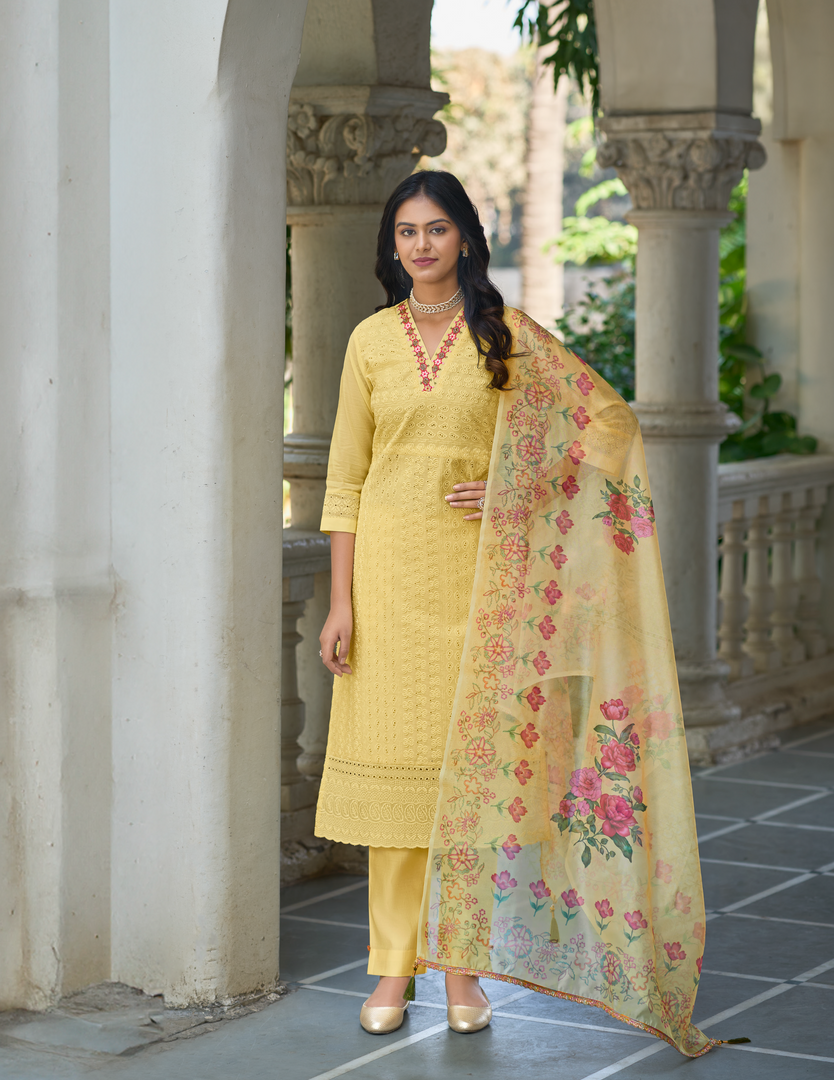 Mustard Yellow Bored Schiffli Work And Handwork with floral-printed dupatta