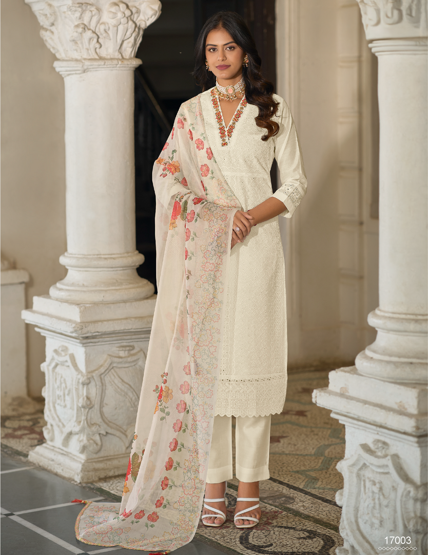 Cream White Bored Schiffli Work And Handwork with floral-printed dupatta