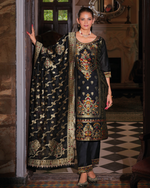 Load image into Gallery viewer, Black Banarasi Jacquard Silk Embroidered Stitched Suit Set
