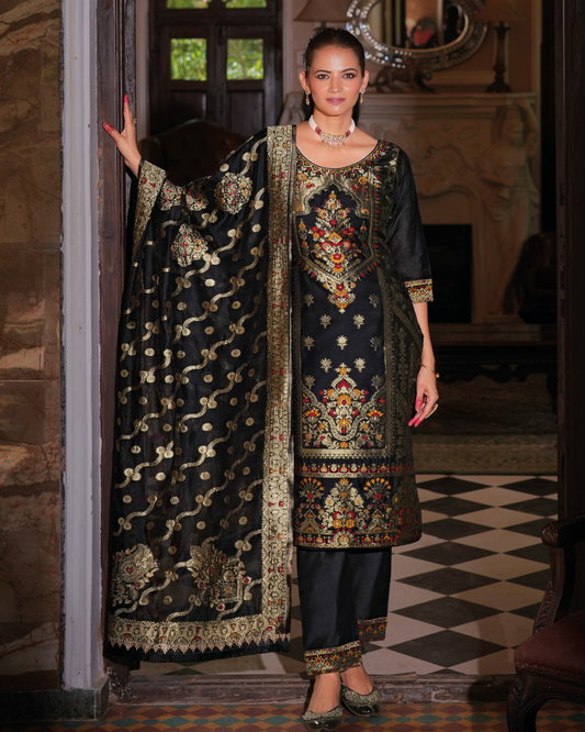 Black Banarasi Jacquard Silk Embroidered Stitched Suit Set