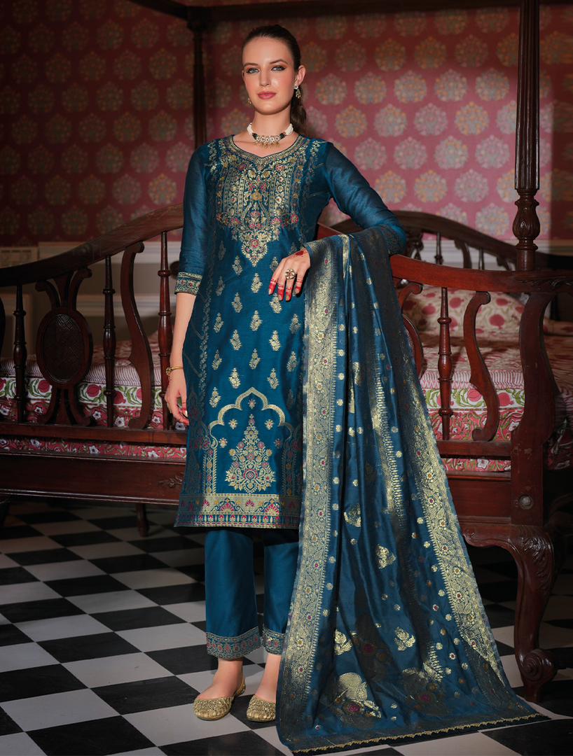 Teal Banarasi Jacquard Silk Embroidered Stitched Suit Set