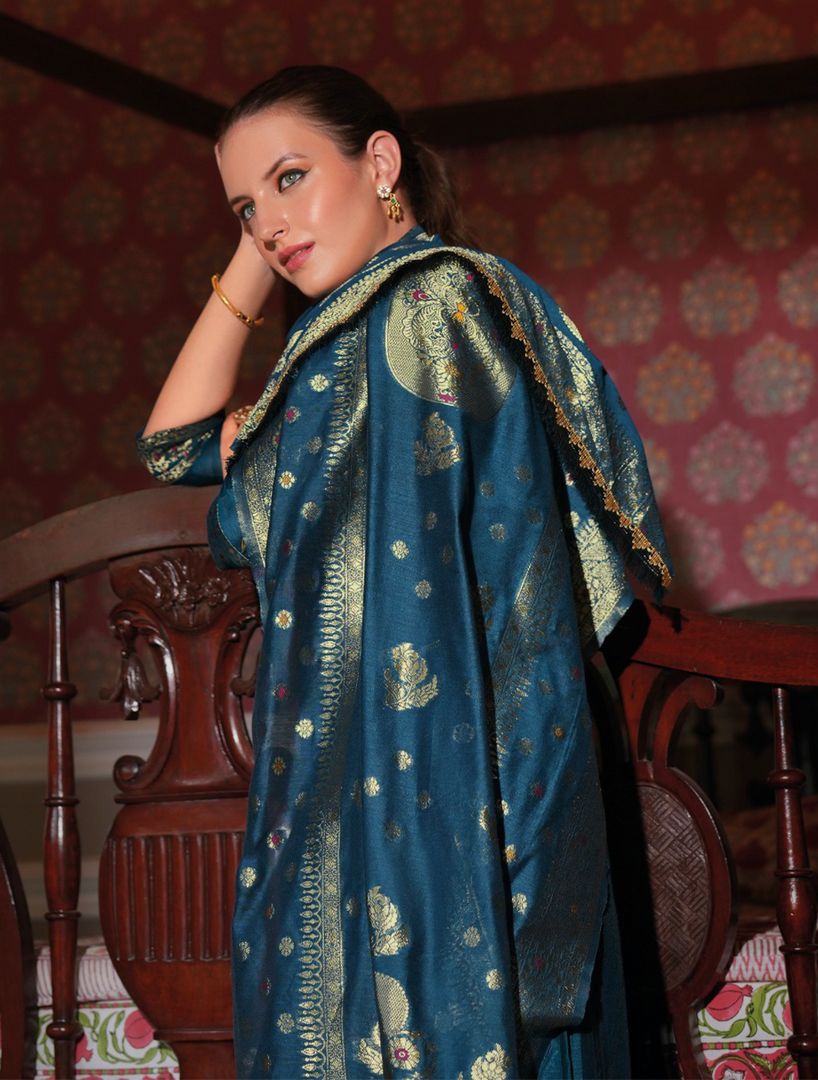 Teal Banarasi Jacquard Silk Embroidered Stitched Suit Set