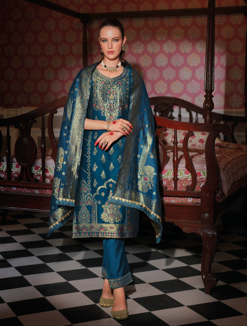 Teal Banarasi Jacquard Silk Embroidered Stitched Suit Set