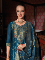 Load image into Gallery viewer, Teal Banarasi Jacquard Silk Embroidered Stitched Suit Set
