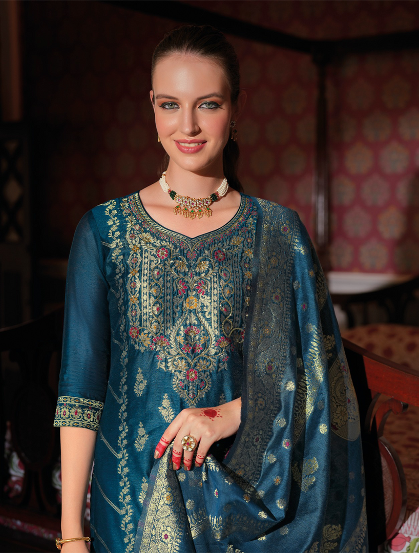 Teal Banarasi Jacquard Silk Embroidered Stitched Suit Set